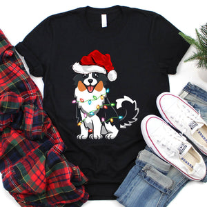 Australian Shepherd Dog Lover Xmas Lights Santa Hat Australian Shepherd Christmas T-Shirt