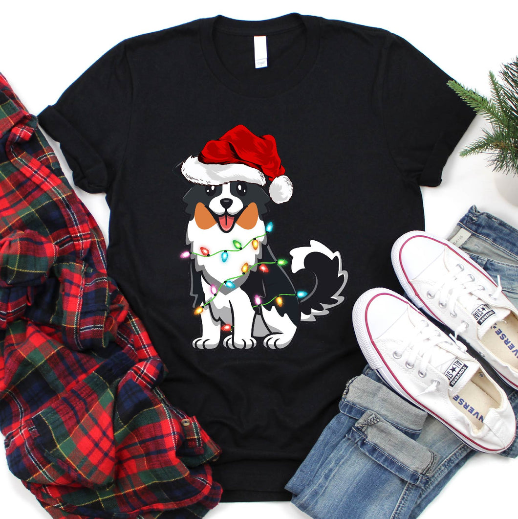 Australian Shepherd Dog Lover Xmas Lights Santa Hat Australian Shepherd Christmas T-Shirt