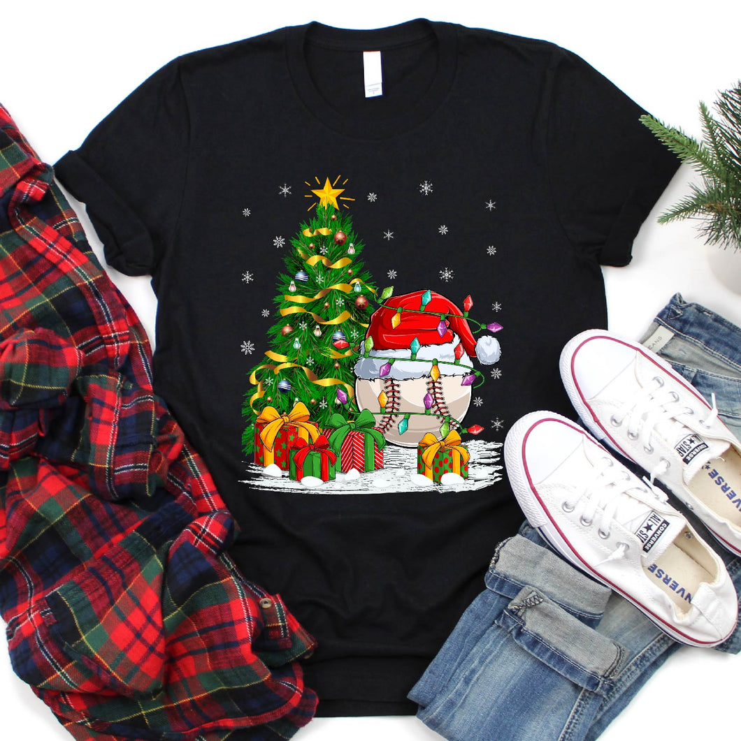 Baseball Xmas Lighting Santa Hat Baseball Christmas Tree T-Shirt
