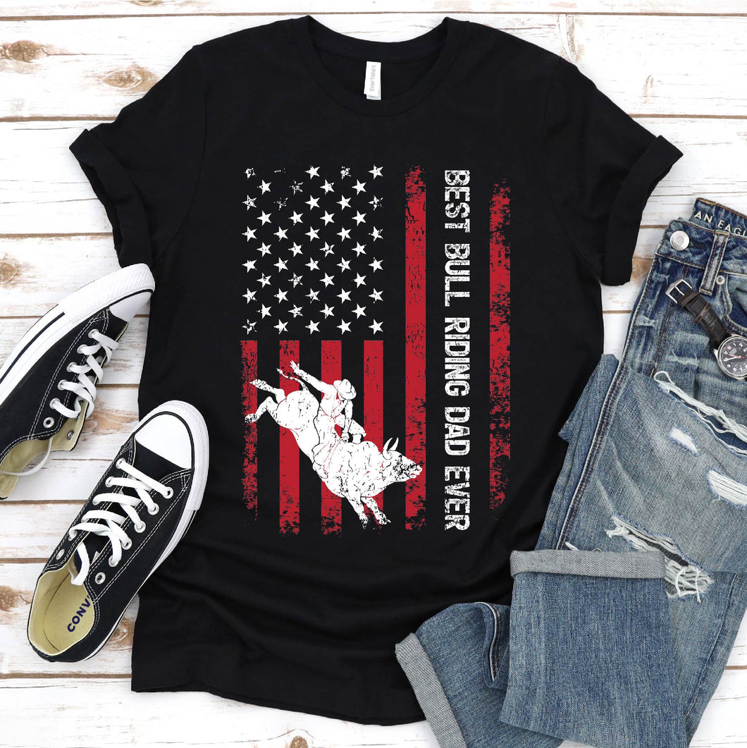 Vintage Best Bull Riding Dad Ever Usa Flag Bull Riding Fathers Day T-shirt