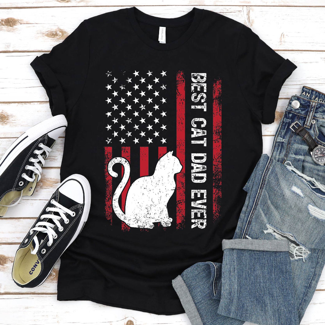Vintage Best Cat Dad Ever Usa Flag Cat Fathers Day T-shirt