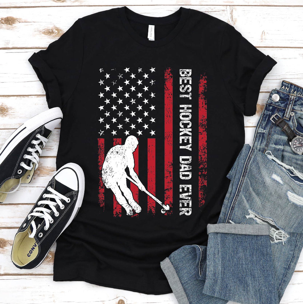 Vintage Best Hockey Dad Ever Usa Flag Hockey Fathers Day T-shirt