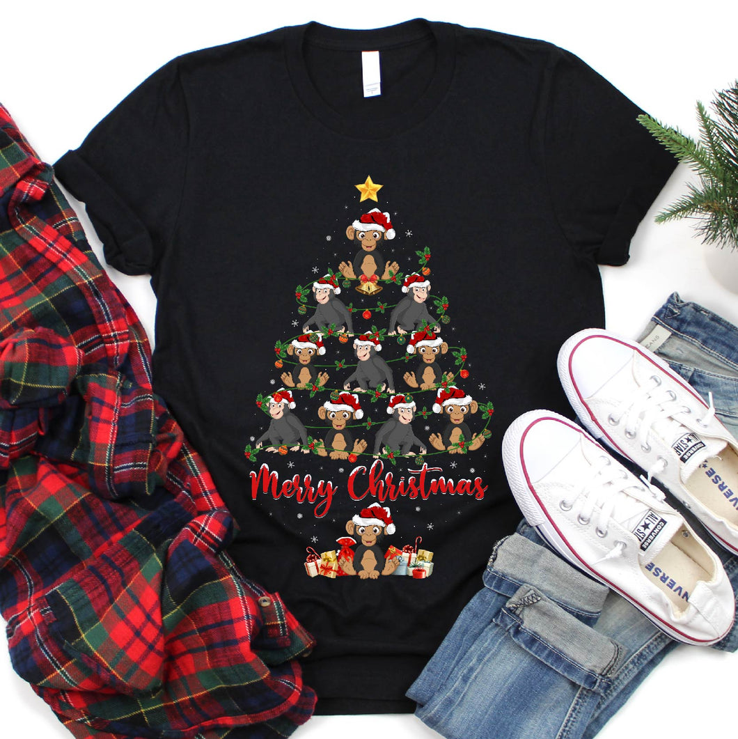 Xmas Lighting Chimpanzee Merry Christmas Tree T-Shirt for Men Women Girl Kids