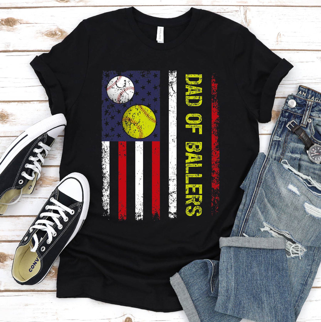 Dad Of Ballers T-Shirt Funny Baseball Softball Gift Usa Flag father's day T-Shirt