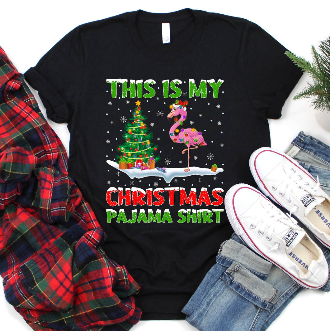 This Is My Christmas Pajama Shirt Lighting Flamingo Christmas Tree T-Shirt