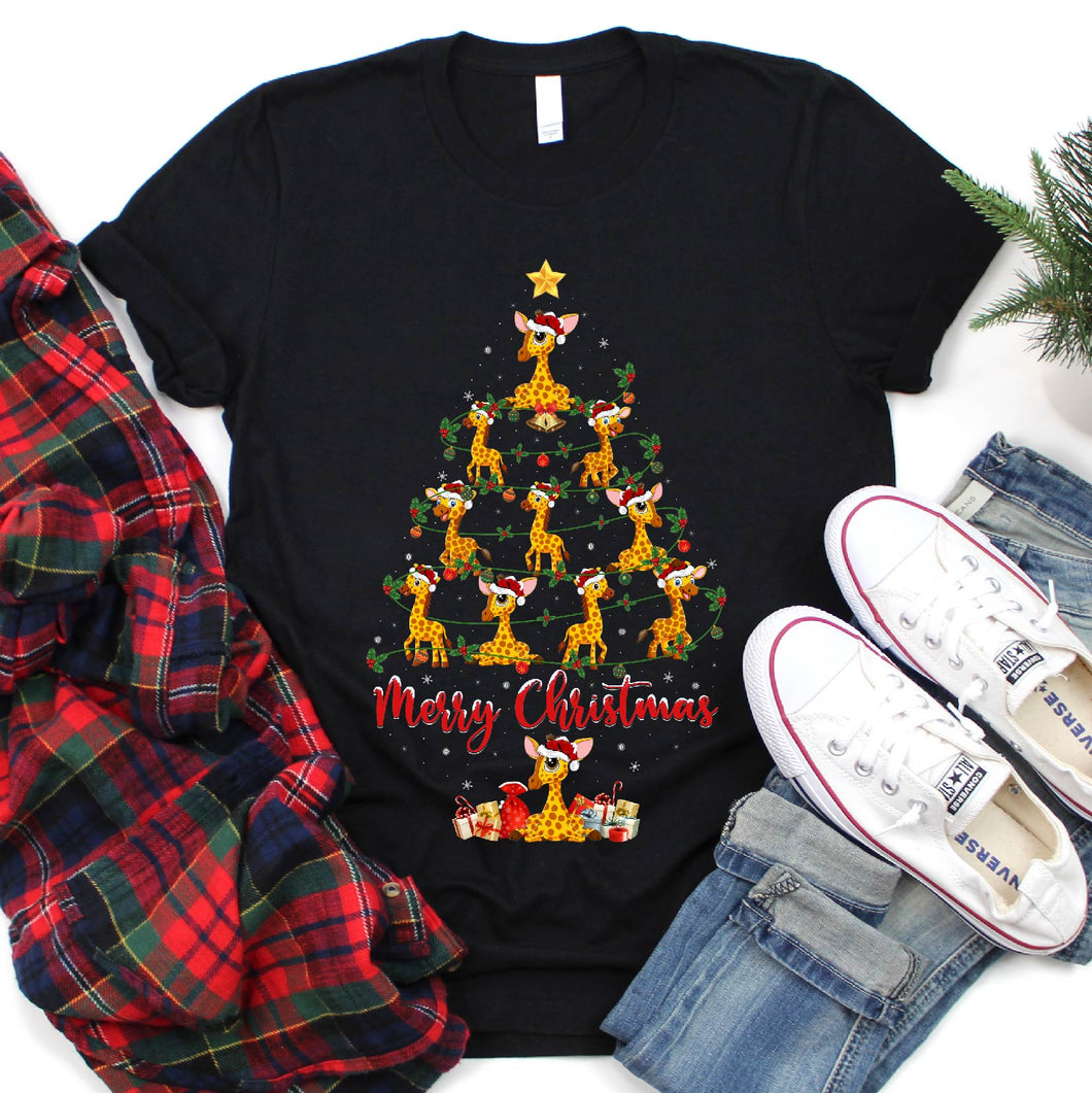 Xmas Lighting Giraffe Merry Christmas Tree T-Shirt for Men Women Girl Kids