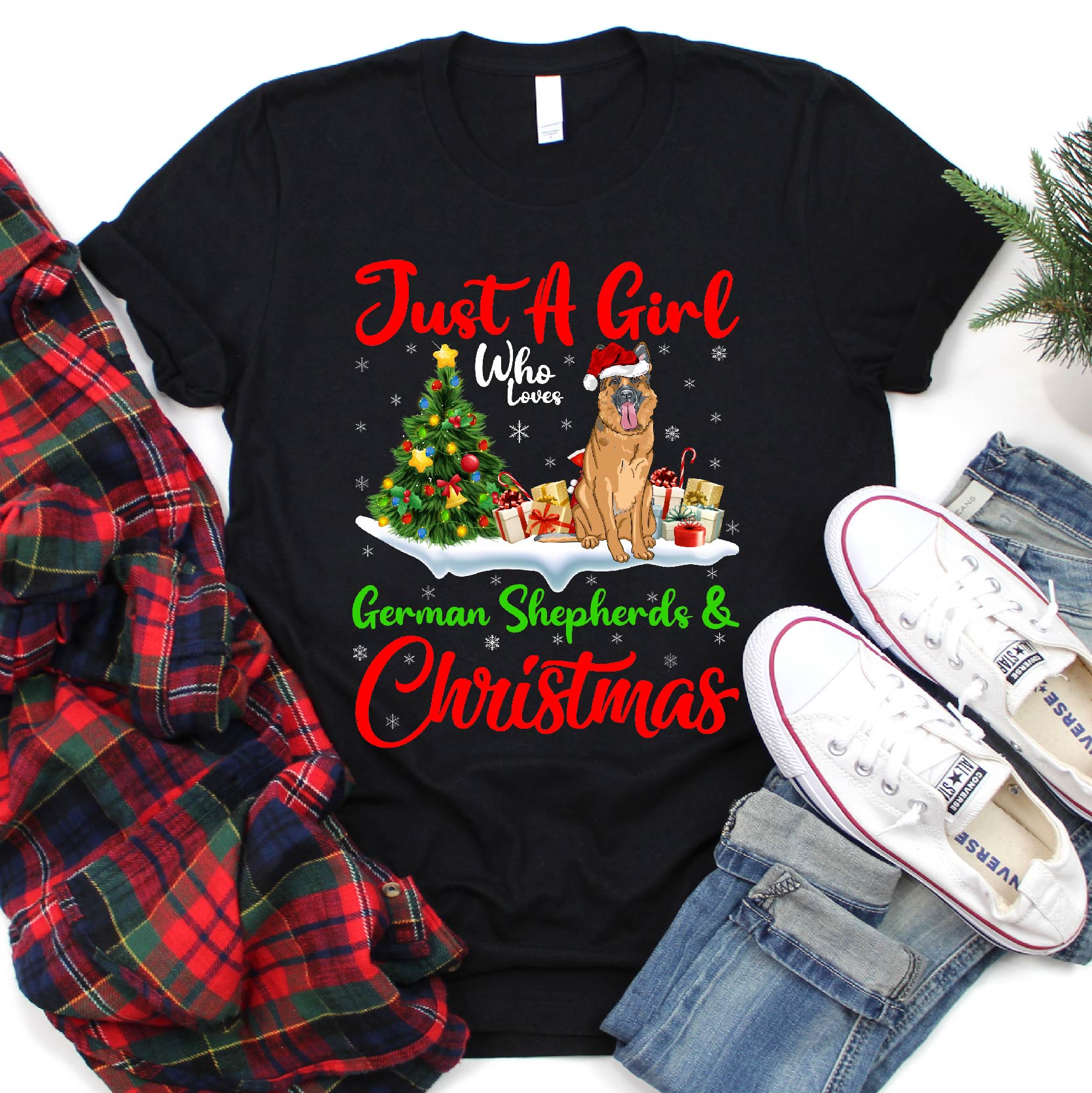 Just A Girl Who Loves German Shepherds And Christmas T-Shirt Just A Girl Who Loves German Shepherds And Christmas T-Shirt