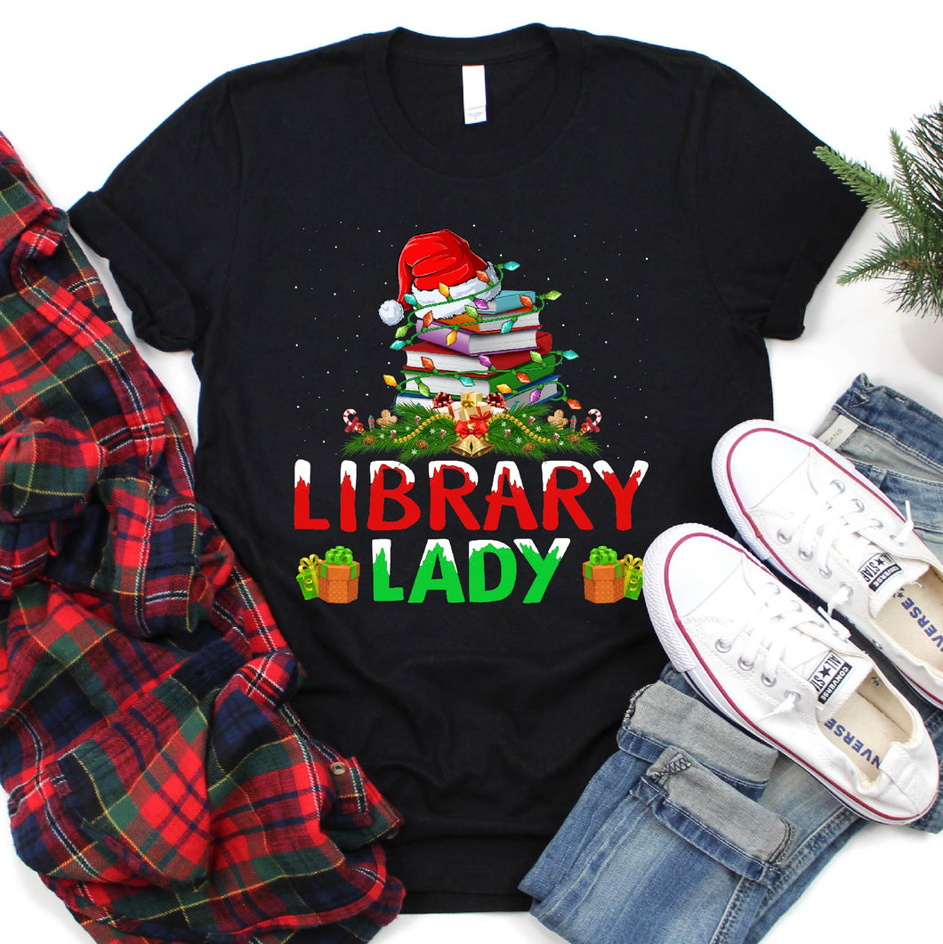 Library Lady Lighting Xmas Shirt Librarian Christmas T-Shirt