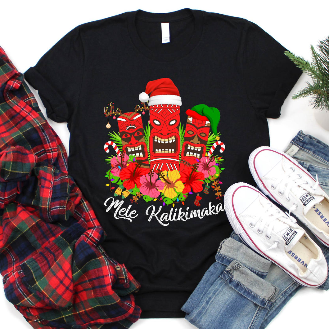 Merry Christmas Hawaiian Tiki Santa Elf Reindeer Mele Kalikimaka Xmas T-Shirt