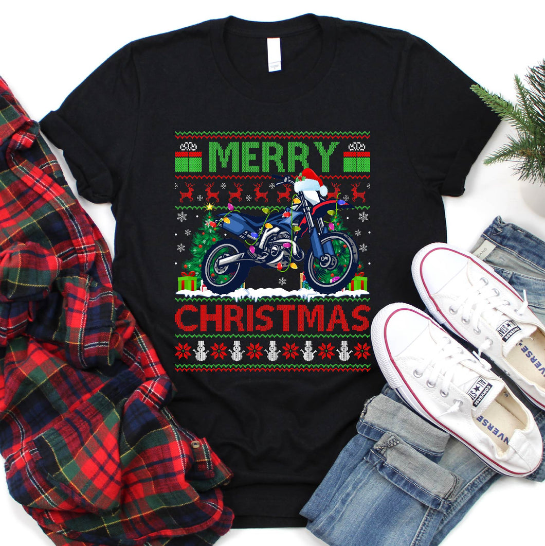 Santa Hat Xmas Lighting Ugly Dirt Bike Christmas T-Shirt For Men Women Girls Kids