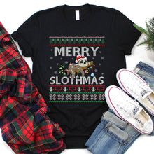 Load image into Gallery viewer, Ugly Sloth Merry Slothmas Xmas Lights Santa Hat Sloth Christmas T-Shirt
