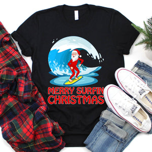 Funny Merry Surfin Christmas Shirt Santa Surfing Xmas T-Shirt