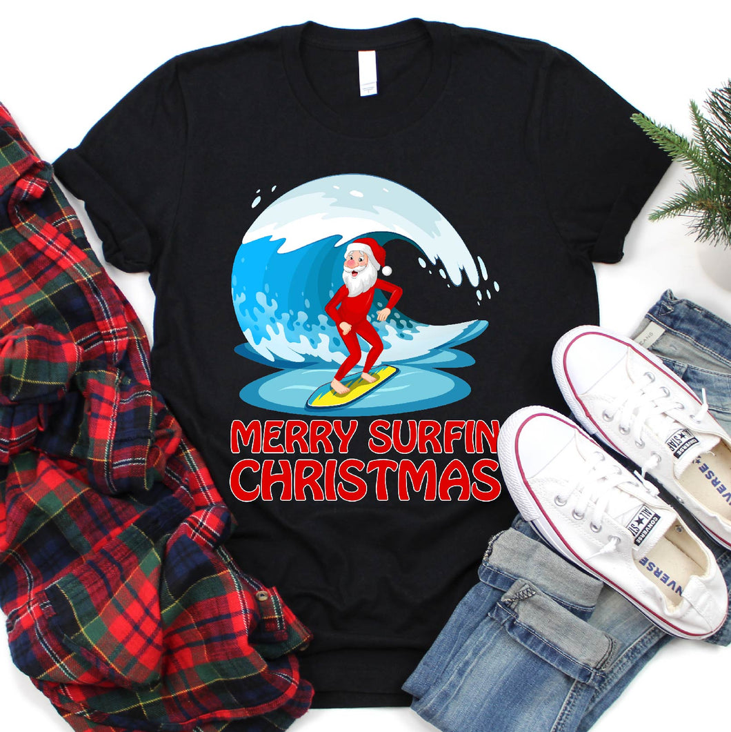 Funny Merry Surfin Christmas Shirt Santa Surfing Xmas T-Shirt