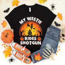 Load image into Gallery viewer, My Westie Rides Shotgun Vintage Westie Halloween T-Shirt
