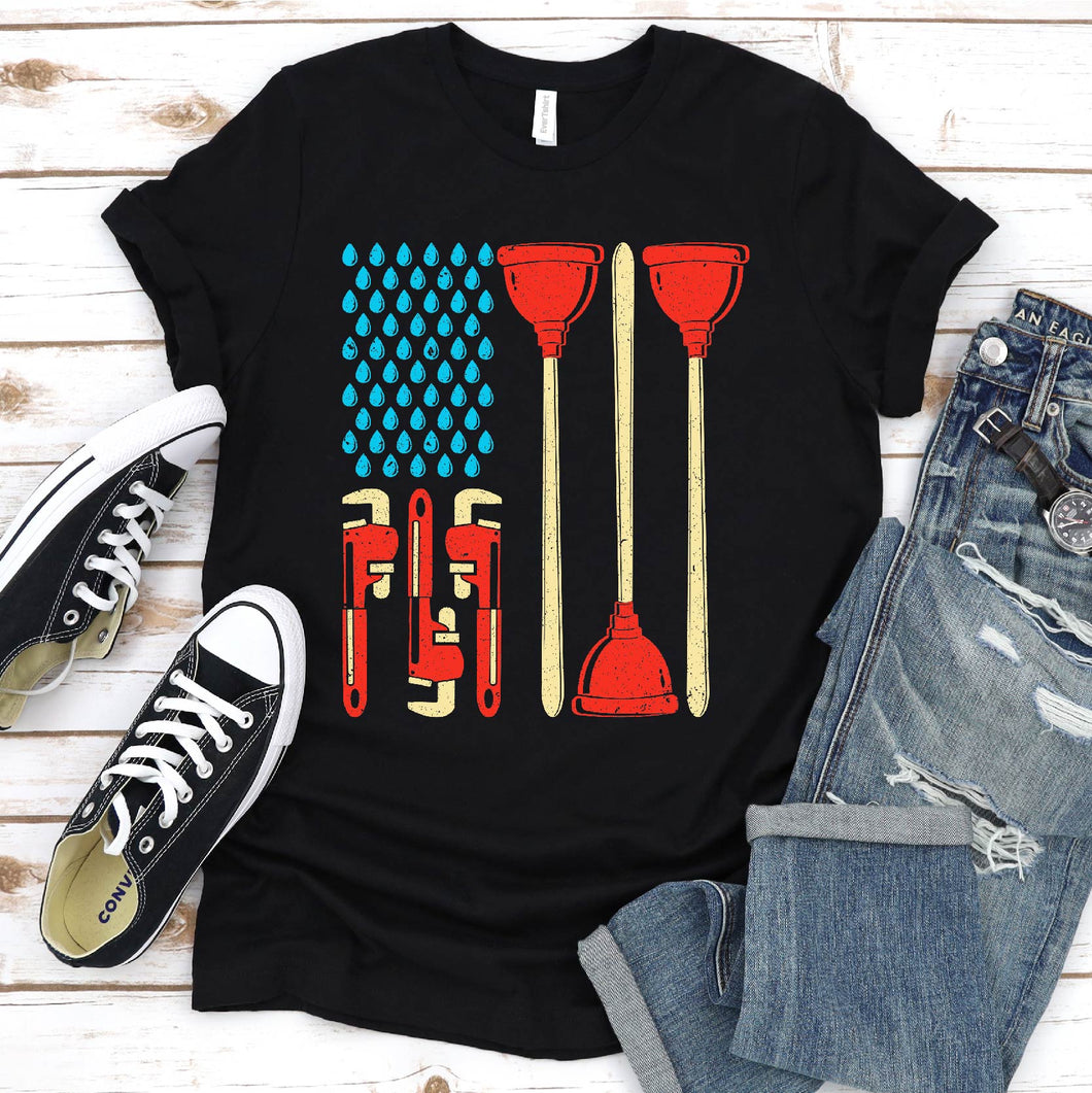 Plumber Plumbing Tools American Flag Father's Day T-shirt