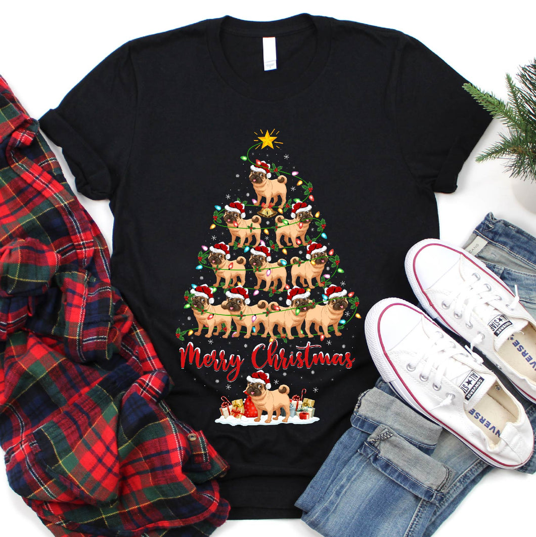 Xmas Lighting Pug Merry Christmas Tree T-Shirt for Men Women Girl Kids