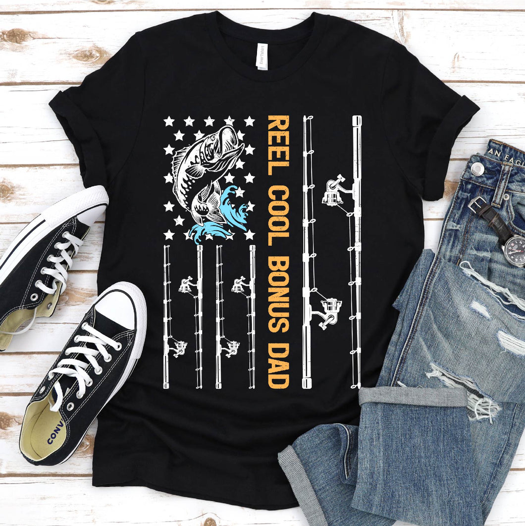 Reel Cool Bonus Dad Funny Usa Flag Fishing Bonus Dad Fathers Day T-shirt