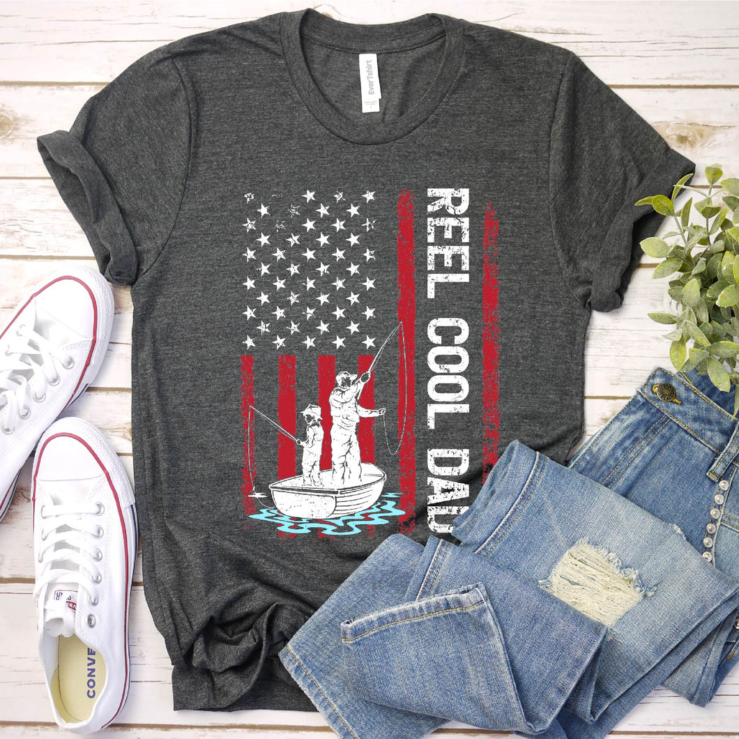 Reel Cool Dad Shirt Fishing Dad Fathers Day Usa Flag T-shirt