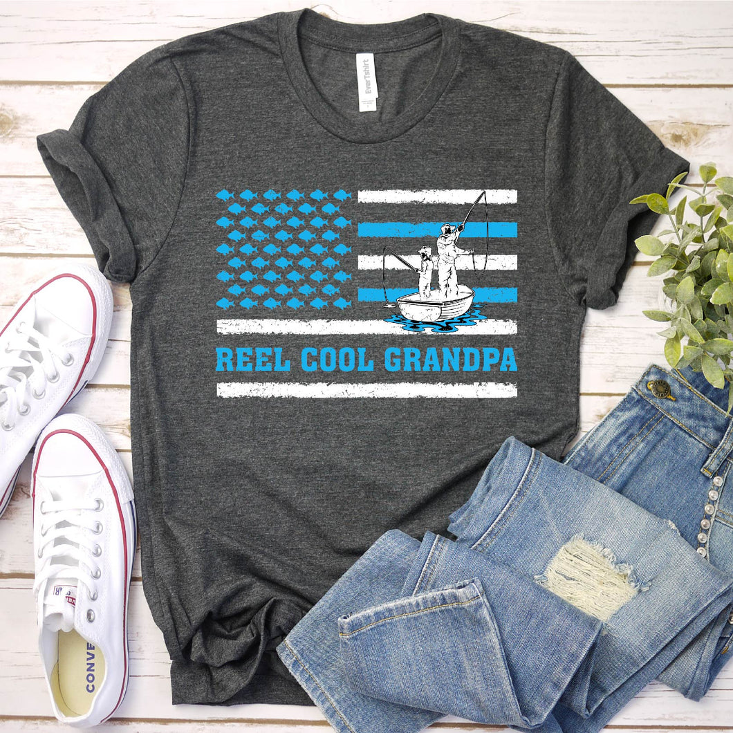 Mens Reel Cool Grandpa USA Flag Fishing Dad Father's Day T-Shirt