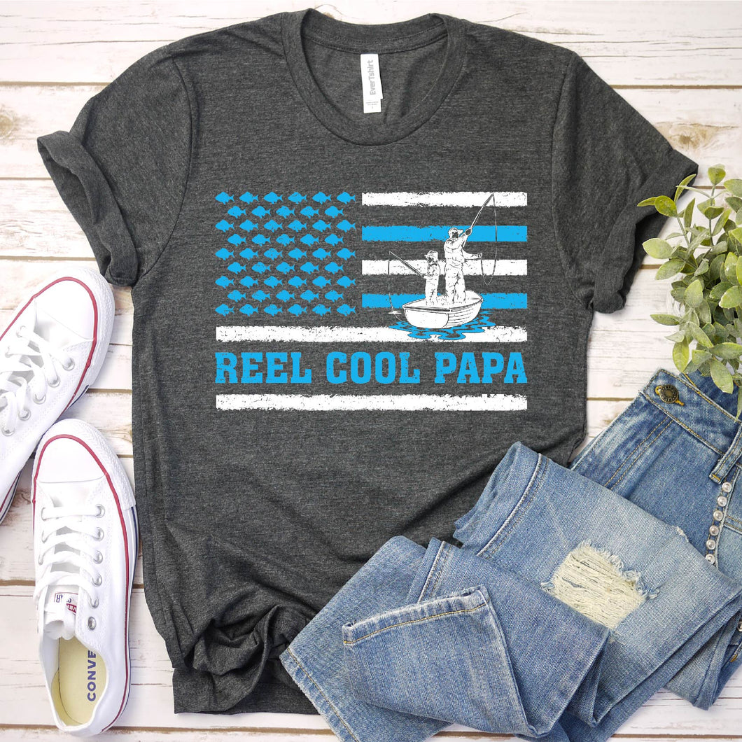 Mens Reel Cool Papa USA Flag Fishing Dad Father's Day T-Shirt