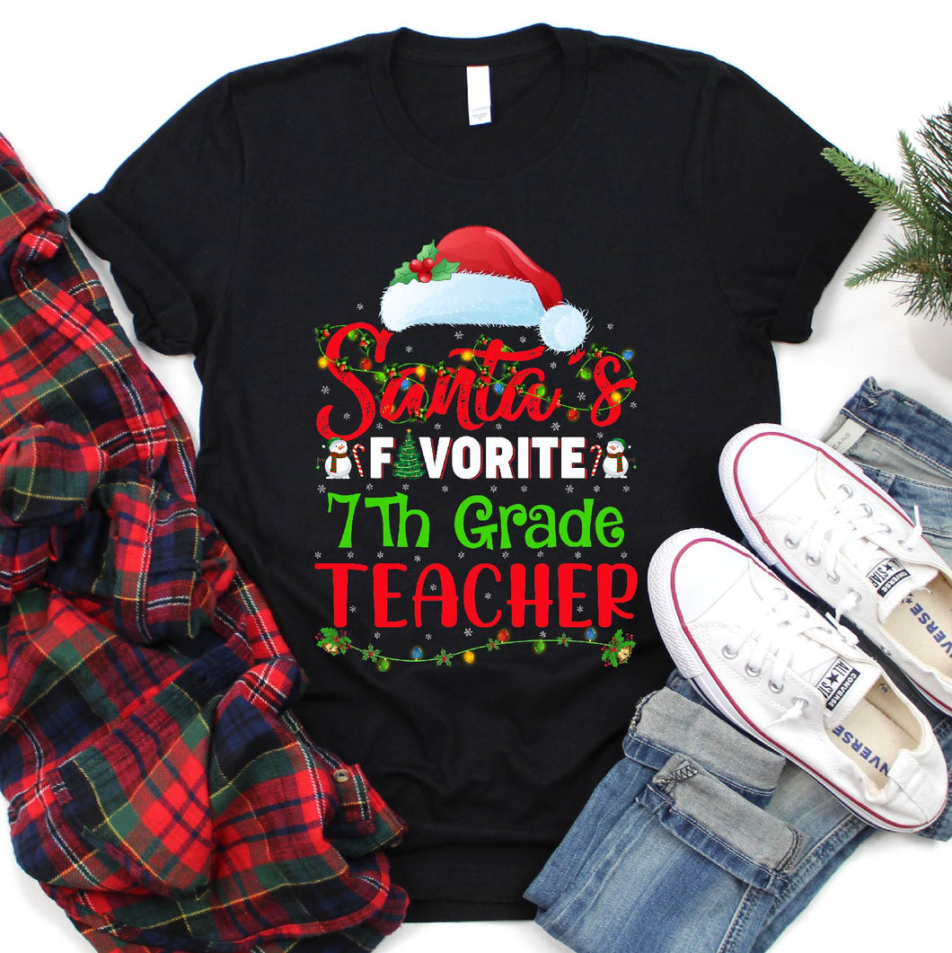 Lighting Xmas Shirt Santa's Favorite 7th Grade Teacher Christmas T-Shirt