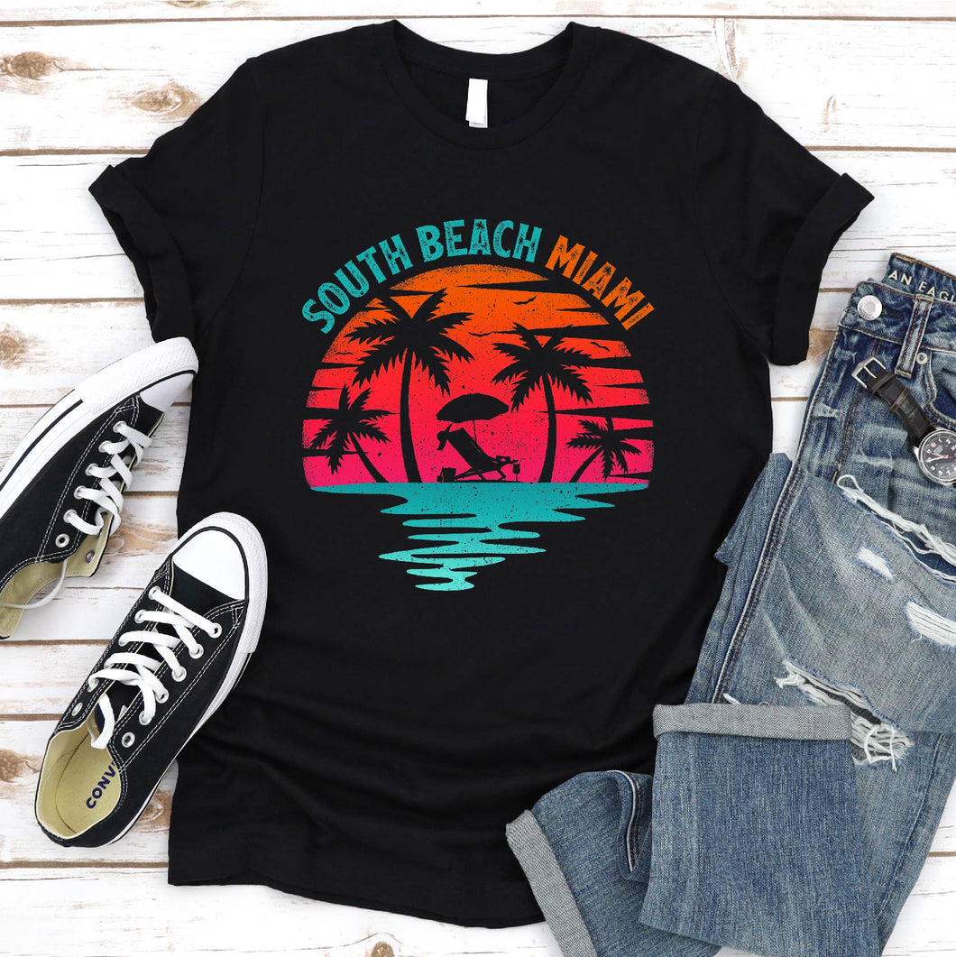South Beach Miami Florida Sunset Vacation Distressed Grunge T-Shirt