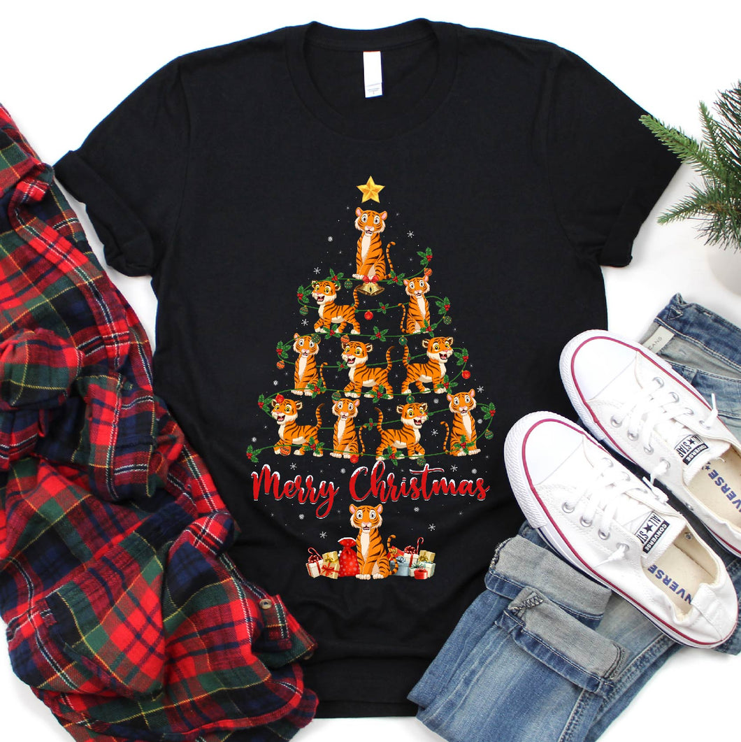 Xmas Lighting Tiger Merry Christmas Tree T-Shirt for Men Women Girl Kids