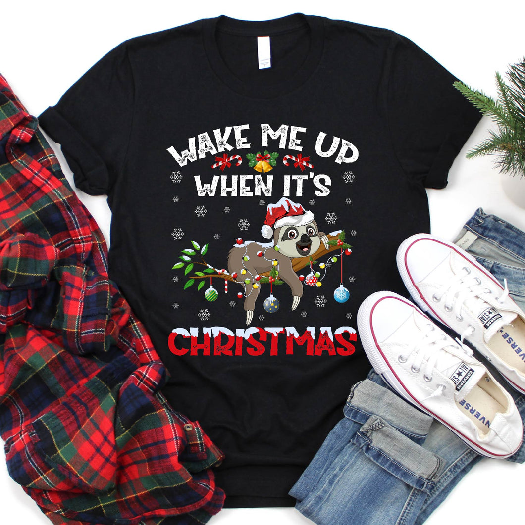 Wake Me Up When It's Christmas Xmas Santa Hat Lighting Sloth Christmas T-Shirt