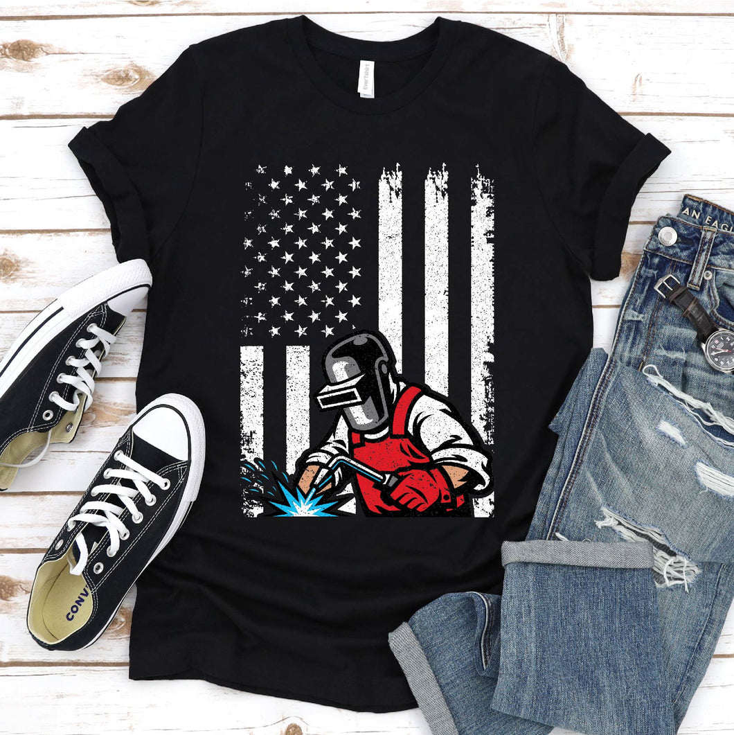 Welding Shirt American Flag Welder Distressed Image Back T-Shirt