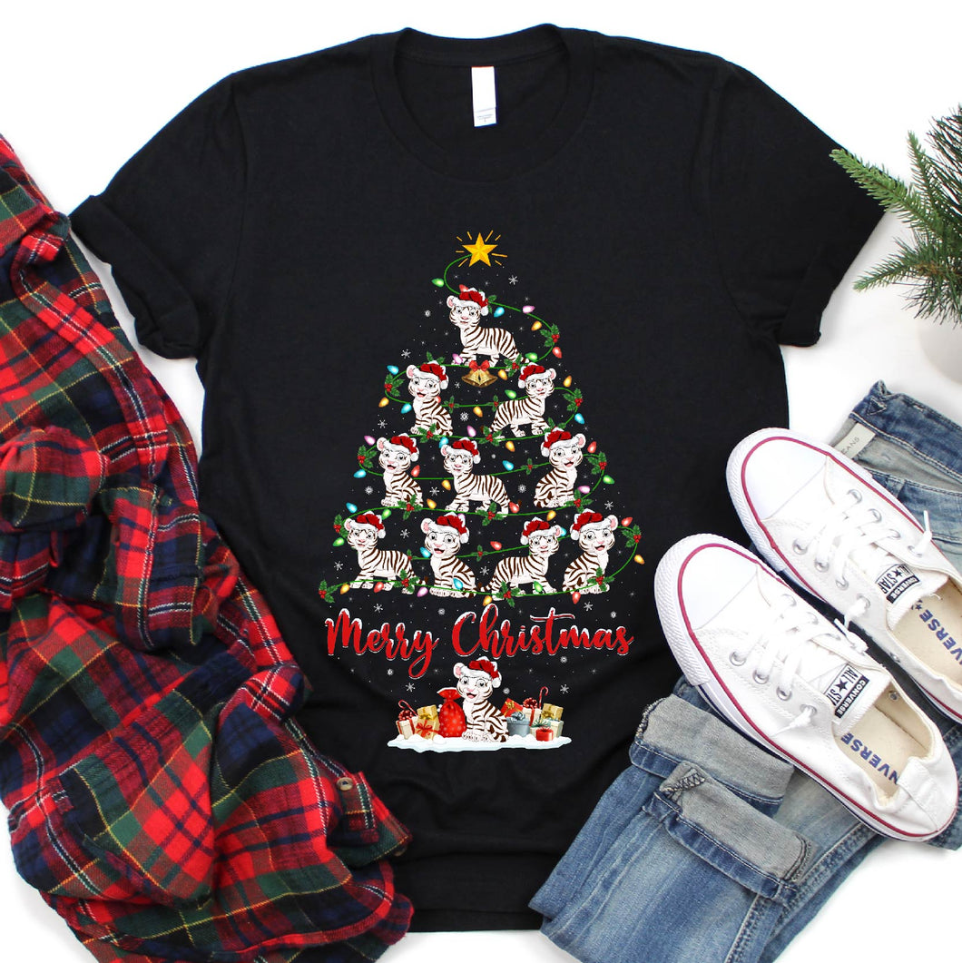 Xmas Lighting White Tiger Merry Christmas Tree T-Shirt for Men Women Girl Kids