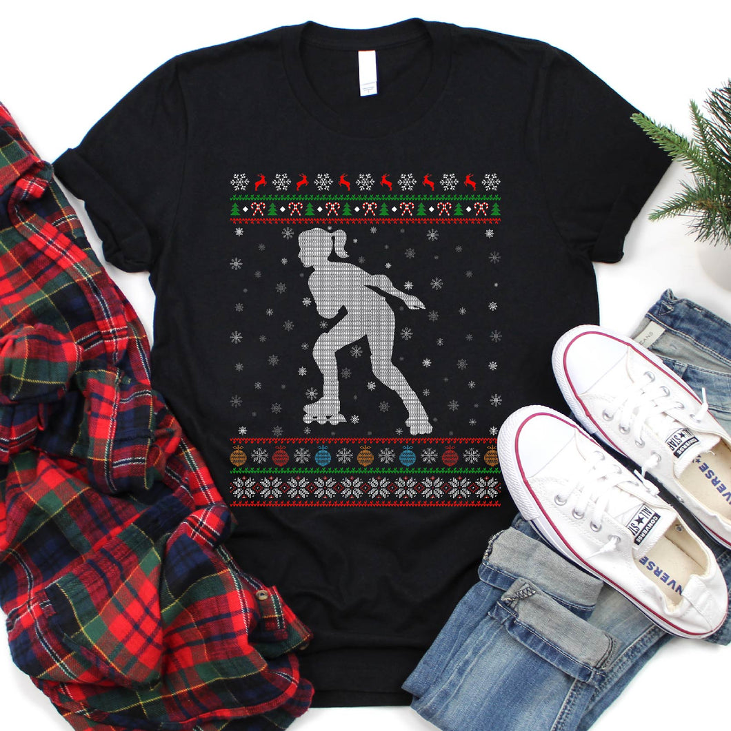 Ugly Sweater Style Roller Skating Christmas T-Shirt For Women Girls