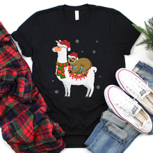 Load image into Gallery viewer, Sloth Riding Llama Xmas Santa Hat Sloth Christmas T-Shirt
