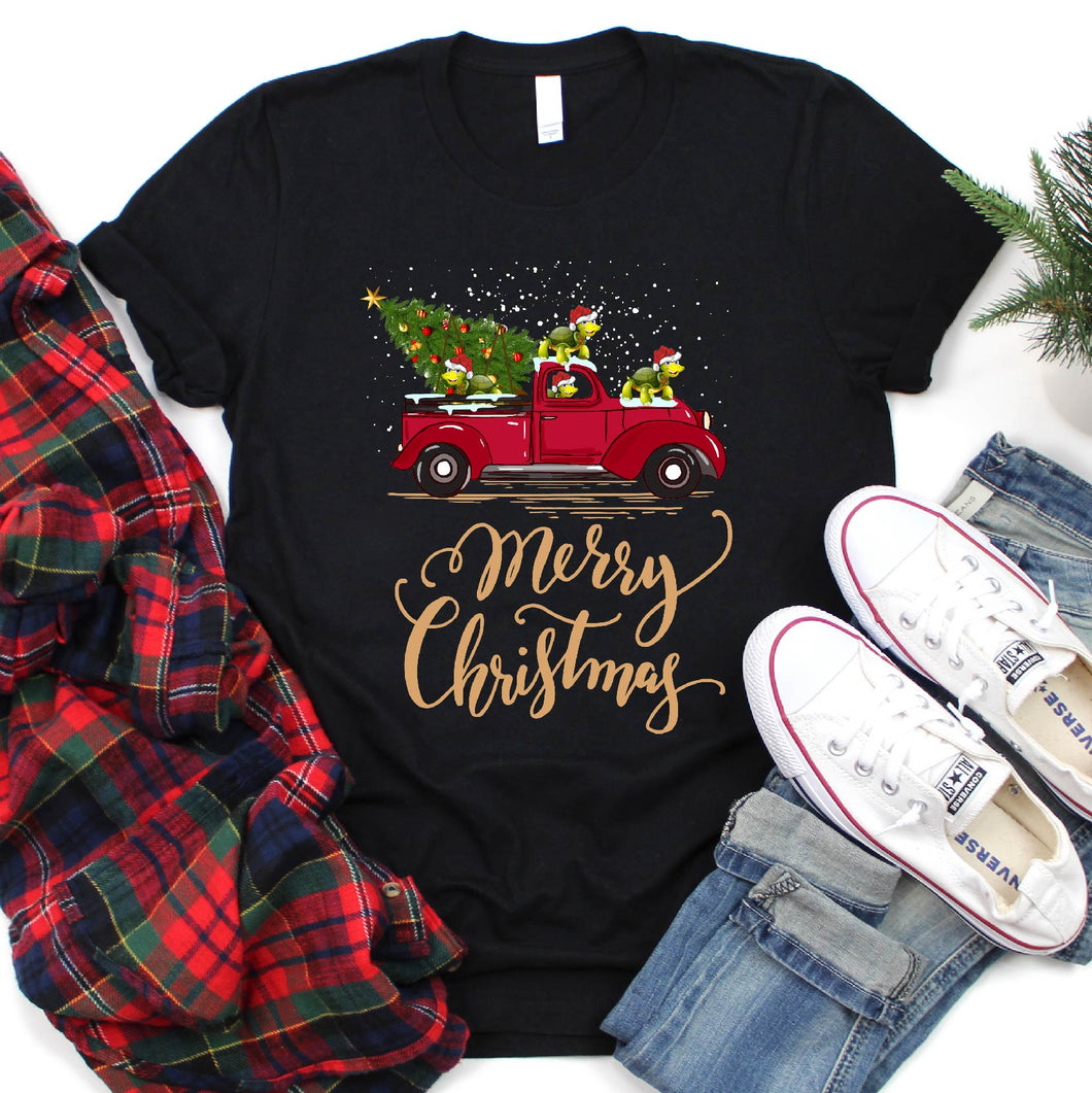 Turtle Drive Vintage Red Xmas Tree Truck Santa Turtle Christmas T-Shirt