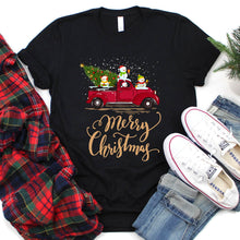 Load image into Gallery viewer, Snowman Drive Vintage Red Xmas Tree Truck Santa Snowman Christmas T-Shirt
